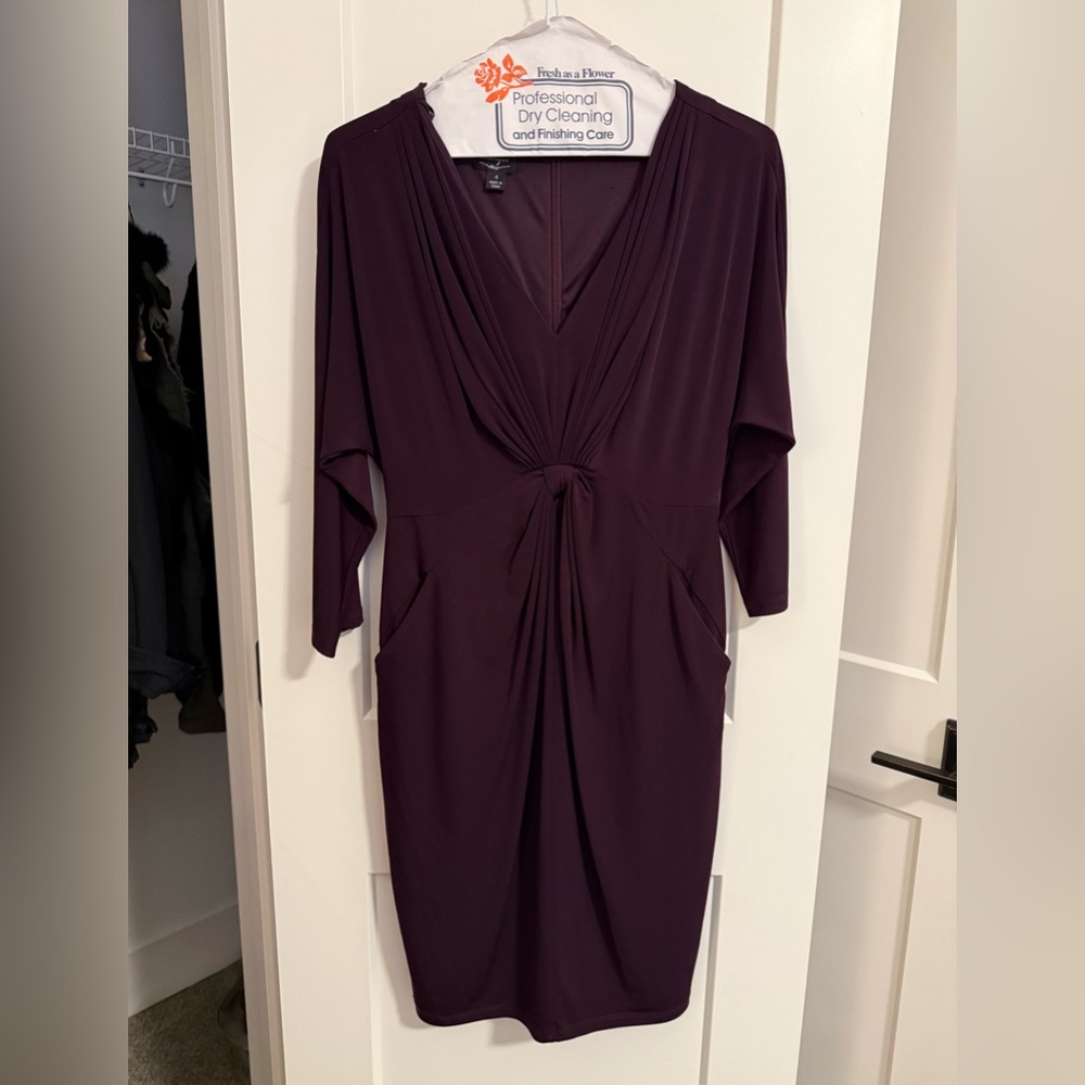 Cabernet colored dress with front gather and pockets!